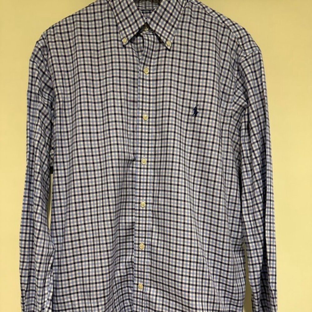 Ralph Lauren Plaid Blue Long Sleeve Button Down Cotton Shirt, Size Large